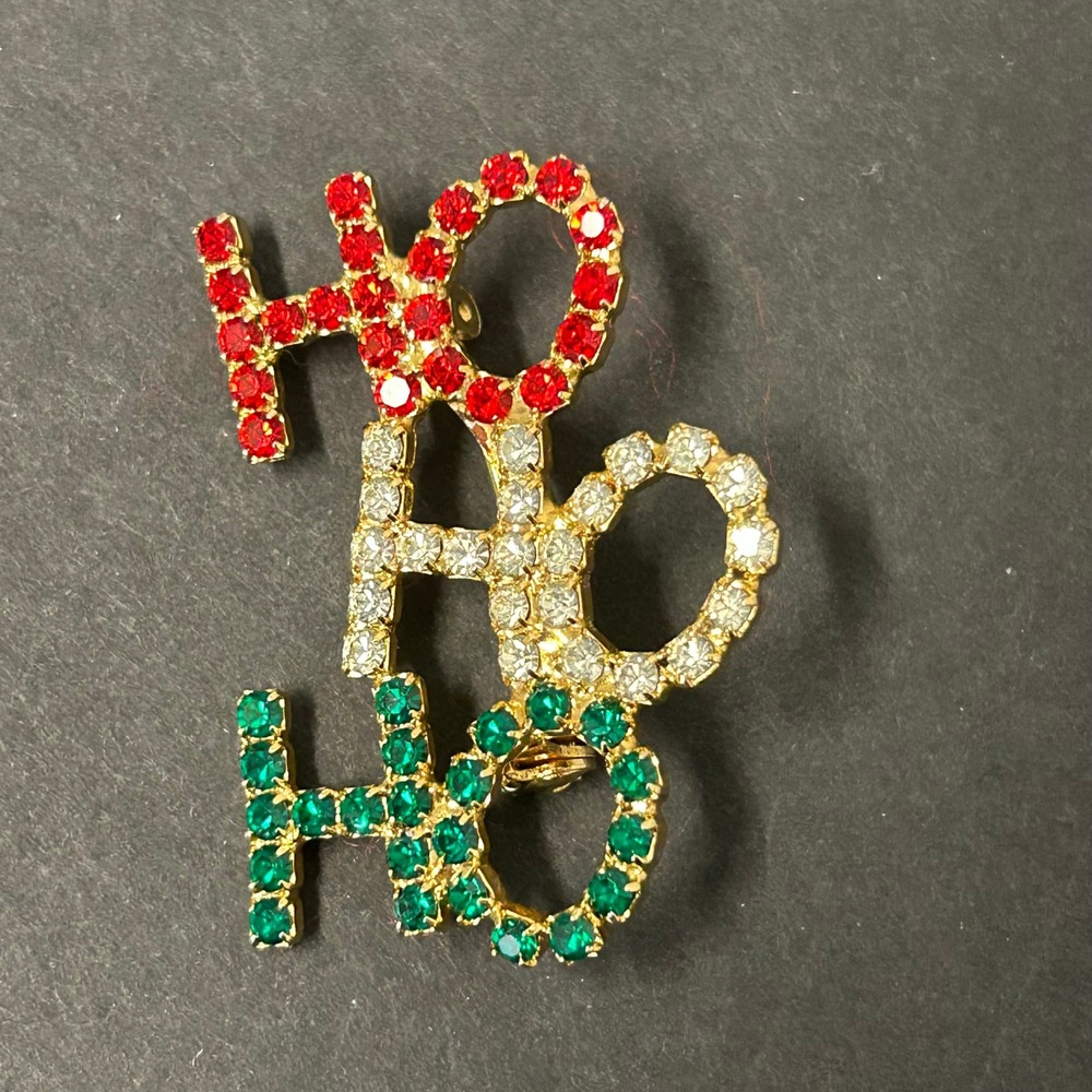 Vintage "HO HO HO" Brooch Gold Red Clear Green Excellent Rhinestone Pin